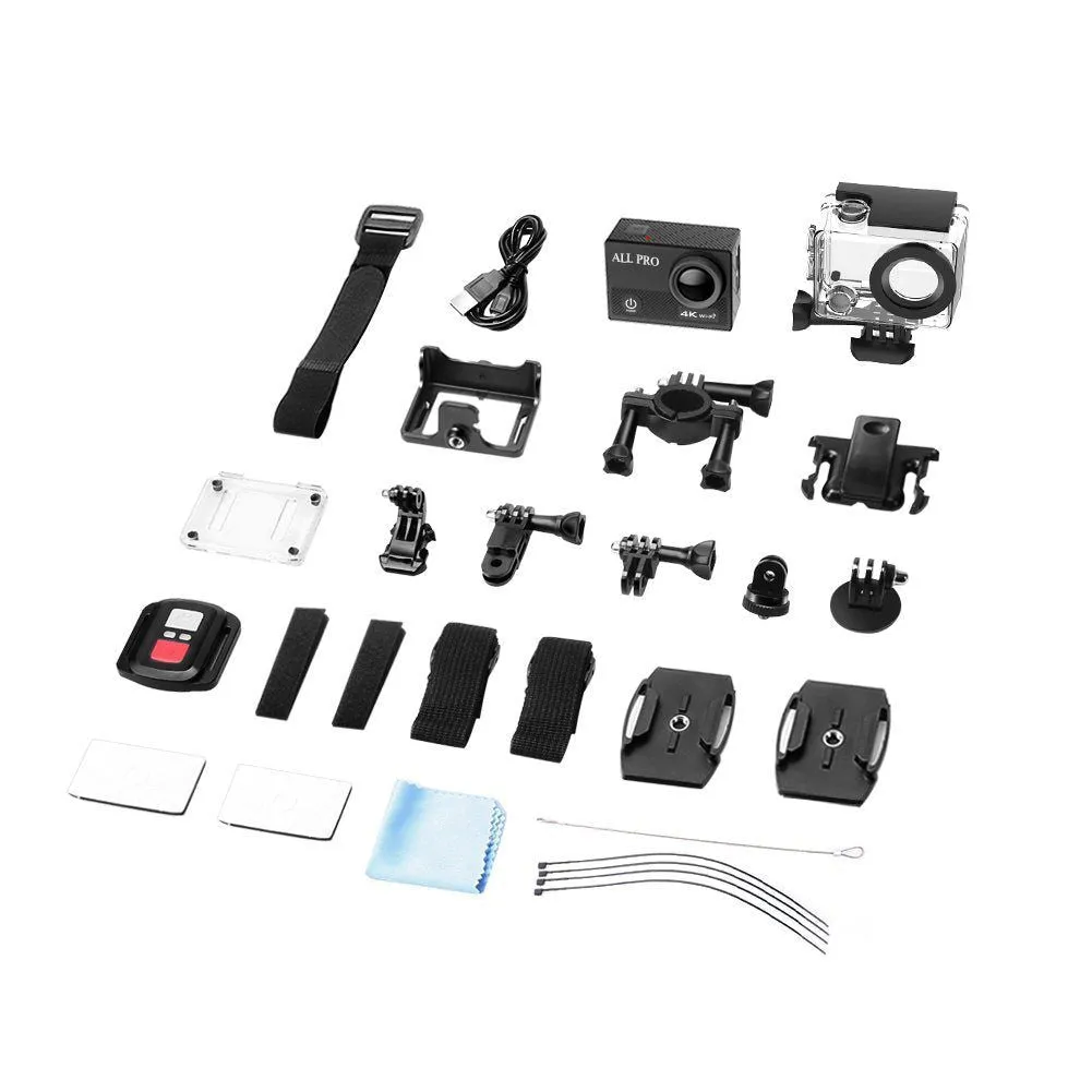 4K Action Pro Waterproof All Digital UHD WiFi Camera   RF Remote And Accessories