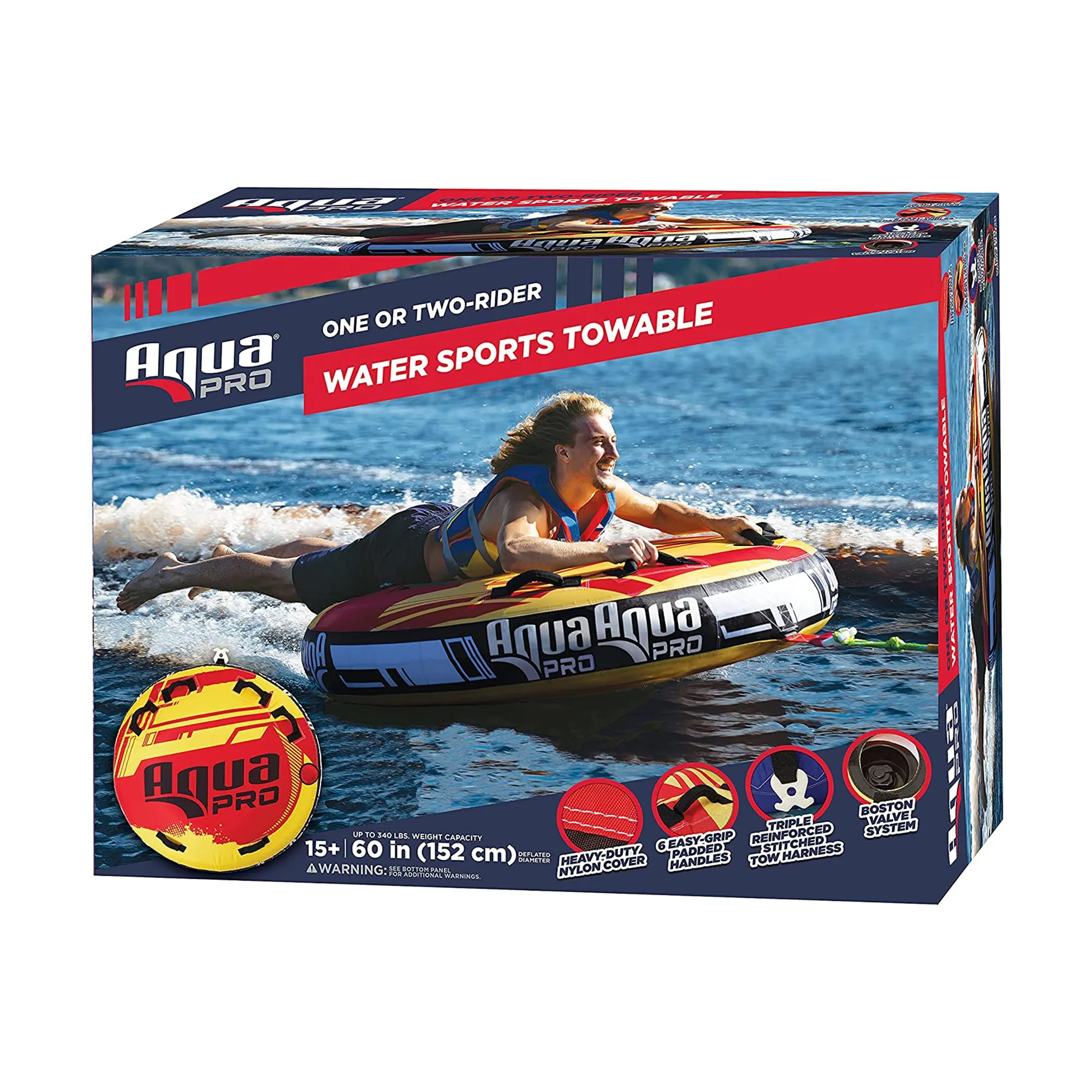 AquaPro 60 In Heavy Duty Nylon Deck Style Towable 1 Person Rider, Yellow and Red