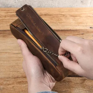 Crazy Horse Leather Portable Double Zipper Large Capacity