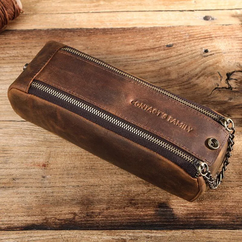 Crazy Horse Leather Portable Double Zipper Large Capacity