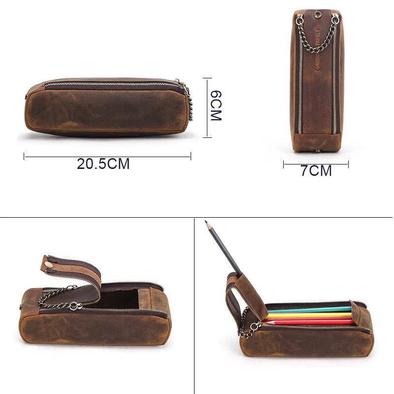 Crazy Horse Leather Portable Double Zipper Large Capacity