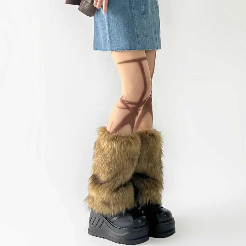 Y2k Vintage Faux Fur Leg Warmers Hot Girl Harajuku Winter Warm Furry Boots Cover Socks Jk Punk Hiphop Cosplay Accessories