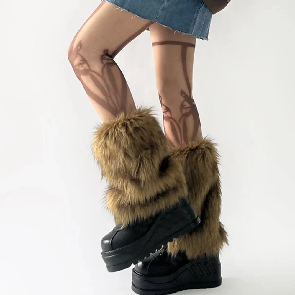 Y2k Vintage Faux Fur Leg Warmers Hot Girl Harajuku Winter Warm Furry Boots Cover Socks Jk Punk Hiphop Cosplay Accessories