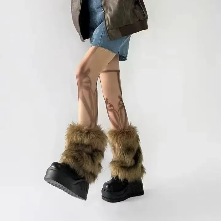 Y2k Vintage Faux Fur Leg Warmers Hot Girl Harajuku Winter Warm Furry Boots Cover Socks Jk Punk Hiphop Cosplay Accessories
